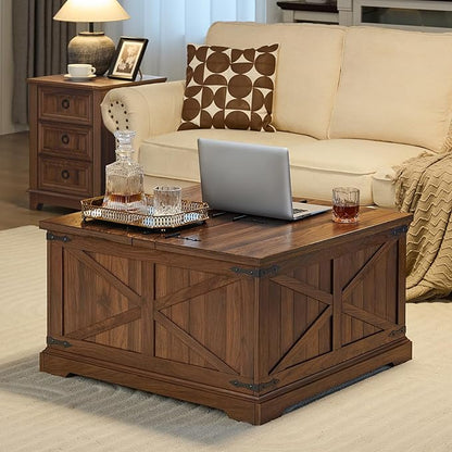Farmhouse Coffee Table with Large Hidden Storage Compartment, Brown Retro Square Center Table, Wood Rustic Low Modern Living Room Tables with Hinged Lift Brown Top & Wooden Arc Base