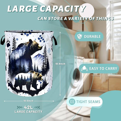 Bear Forest Laundry Basket Animal Bears Laundry Hamper Foldable Oxford Cloth Adventure Funny Tote Bag Clothes Toy Storage Bucket For Bathroom/Laundry Storage/Bedroom 18.9 x 16.5 Inch