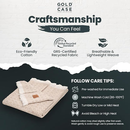 Gold Case Throw Blanket for Couch - 100% Recycled Turkish Cotton Blankets & Throws - Retro Soft Throw Blankets for Living Room - Boho Decorative Woven Couch Blanket - 50x60 - Beige