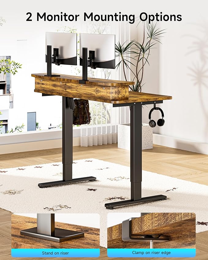 BIZUM Standing Desk with 2 Drawers Computer Desk-Stand up Desk Home Office Gaming Memory Desks C-Clamp Mount Compatible, 48x24 Inch Rustic Brown