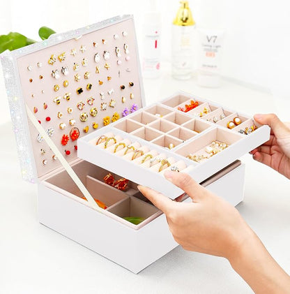 QBestry Jewelry Box for Earrings, Teen Girls Jewelry Organizer Box Earring Holder Organizer for Girls Jewelry Box Stud Earring Organizers for Girls Earrings Jewelry Boxes for Women Bling