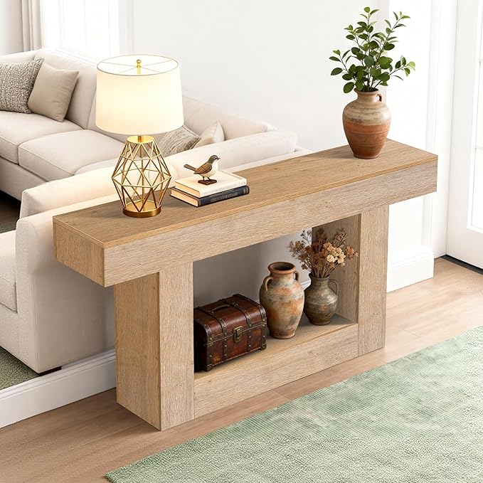 63 Inch Long Entryway Table U-Shaped Extension, Wooden Console Table with Socket Farmhouse Sofa Table for Entrance, Hallway, Living Room,Behind Couch((Oak Brown)