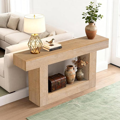 63 Inch Long Entryway Table U-Shaped Extension, Wooden Console Table with Socket Farmhouse Sofa Table for Entrance, Hallway, Living Room,Behind Couch((Oak Brown)