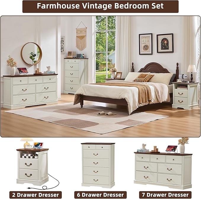 Farmhouse 7 Drawer Dresser for Bedroom,54" Wide Wood Rustic Chest of Drawers,Farmhouse Chest of Drawers for Bedroom,Wood Drawer Organizer for Living Room, Hallway,Bedroom,White