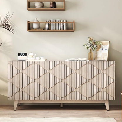 Buffet Cabinet with Storage, Distressed Storage Cabinet with 4 Carved Doors and Adjustable Shelf, Wooden Accent Sideboard Buffet Cabinets for Kitchen, Living Room, Entryway, Natural