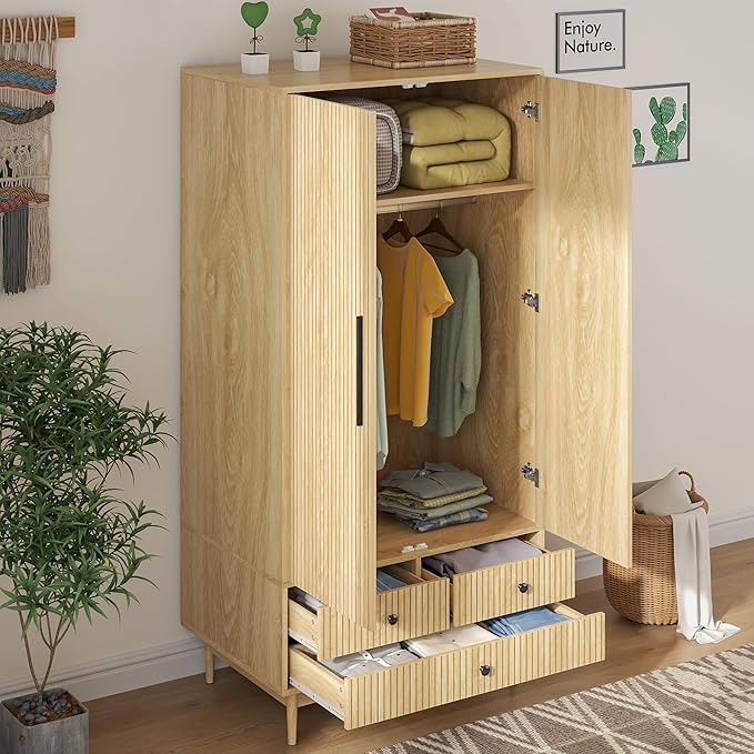 Armoire Wardrobe Closet with 2 Fluted Doors,64.96" Wooden Clothes Storage Cabinet with Hanging Rod and Shelf Storage,Wardrobe Cabinet with 3 Drawers,Freestanding Closet for Bedroom (Natural)