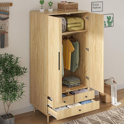 Armoire Wardrobe Closet with 2 Fluted Doors,64.96" Wooden Clothes Storage Cabinet with Hanging Rod and Shelf Storage,Wardrobe Cabinet with 3 Drawers,Freestanding Closet for Bedroom (Natural)
