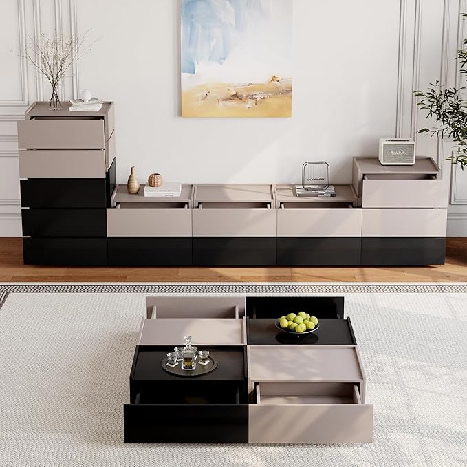 Coffee Table with Storage,Modern Center Table with 4 Hidden Drawers for Living Room,Rectangle Coffee Table for Home Furniture,Bedroom,Black and Beige Gray