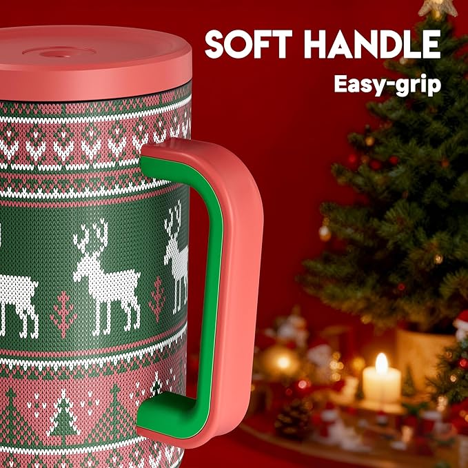 Meoky 40 oz Christmas Tumbler with Handle and Straw, Xmas Tumbler with Lid and Straw, Insulated Stainless Steel Travel Mug, Christmas Gifts for Women Men Adults (Jolly Reindeer)