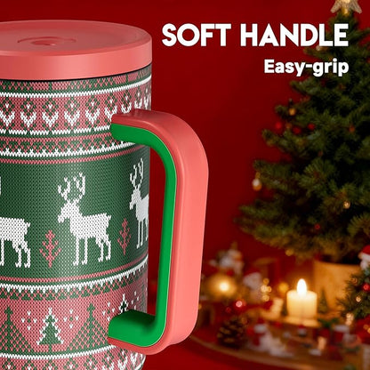 Meoky 40 oz Christmas Tumbler with Handle and Straw, Xmas Tumbler with Lid and Straw, Insulated Stainless Steel Travel Mug, Christmas Gifts for Women Men Adults (Jolly Reindeer)