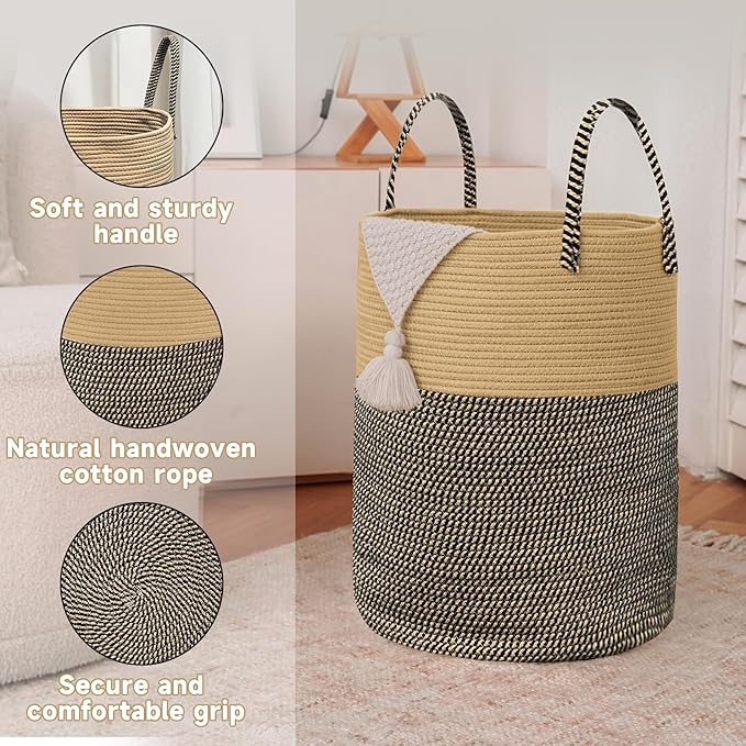 JMvicyroam Large Woven Laundry Basket Hamper,100L Cotton Rope Storage Bin for Blankets,Toys and Clothes,Decorative Tall Nursery Hamper for Living Room,Baby Nursery,Bathroom and Bedroom,Brown and Black