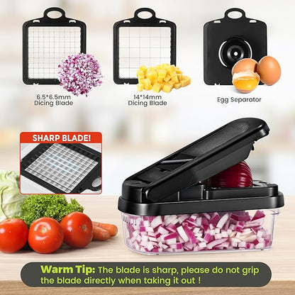 Vegetable Chopper,12-in-1 Multifunctional Food Chopper,Professional Onion Chopper with 7 Blades,Vegetable Cutter with Container for Salad,Potato,Carrot,and Garlic Essential Kitchen Tool (Black)