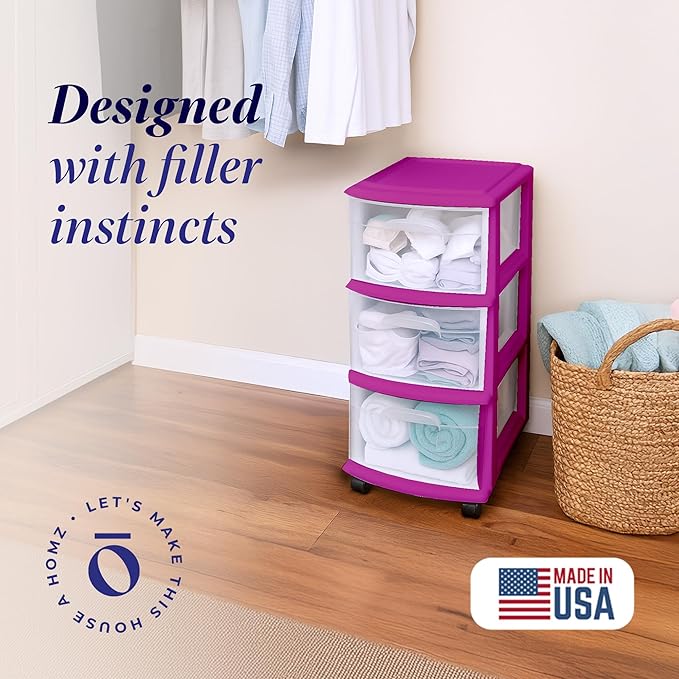 HOMZ 3-Drawer Storage Cart, Plastic Home and Office Organizer, Purple Frame