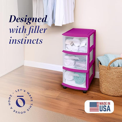 HOMZ 3-Drawer Storage Cart, Plastic Home and Office Organizer, Purple Frame