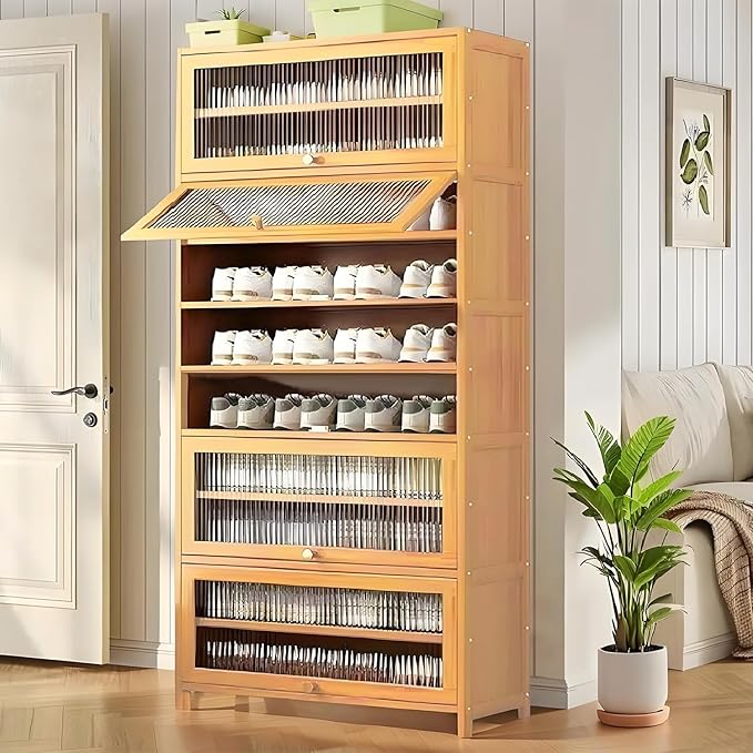 Tall Shoe Cabinet, 10 Tier Bamboo Shoe Rack with Doors, 40-45 Pairs Large Capacity Shoe Storage Cabinet Organizer, Narrow Shoe Shelf for Entryway, Hallway, Living Room