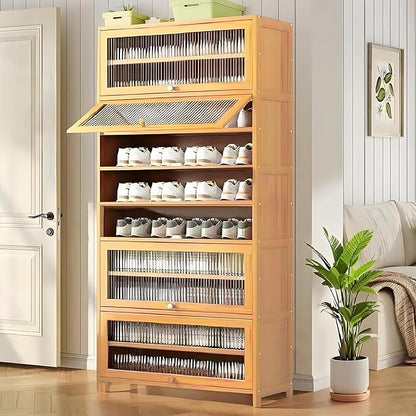 Tall Shoe Cabinet, 10 Tier Bamboo Shoe Rack with Doors, 40-45 Pairs Large Capacity Shoe Storage Cabinet Organizer, Narrow Shoe Shelf for Entryway, Hallway, Living Room