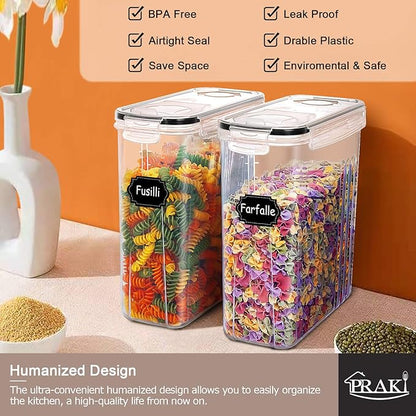 PRAKI 5PCS Cereal Containers Storage Set, BPA Free Airtight Food Storage Container Set with Lids, Kitchen Pantry Organization and Storage for Sugar, Baking Supplies with 20 Labels & Mark(4L Black)