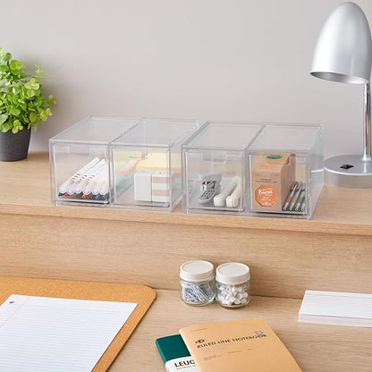 STORi Stackable Desk Organizer drawers, Clear Pen Pencil Makeup Brush drawers for Desktops and Vanities, 4 Tall Drawers (Made in USA)