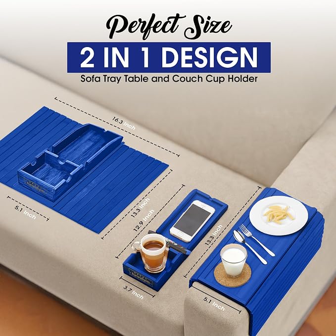 Couch Cup Holder Tray with 2 Cork Coasters, Couch Arm Tray, 2 in 1 Anti-Slip Foldable Sofa Arm Tray, Couch Armrest Table, Anti-Spill Couch Arm Table for Drinks TV Remote Cellphone Snacks (Blue)