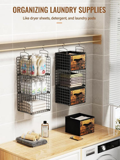Closet Hanging Organizer with Drawers, 6 Tier Metal Closet Organizers and Storage with 4 Hanging Hooks 4 S-Hooks for Wardrobe Laundry Room, Wire Storage Shelf for Clothes Sweaters Pants (Black)