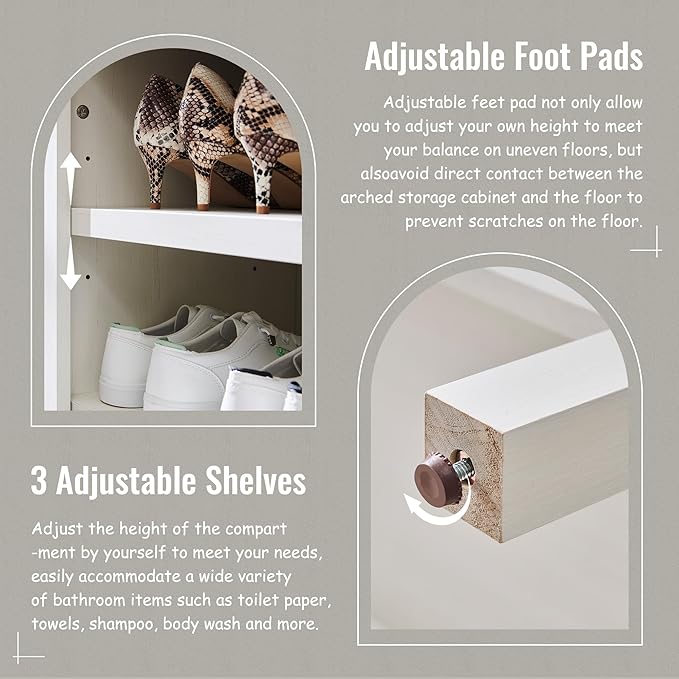 71" Tall Arched Bathroom Storage Cabinet, 7-Tier Modern Farmhouse Storage Cabinet with Adjustable Shelves, Wood Freestanding Cabinet for Bathroom, Living Room, Entryway, Hallway (Antique White)