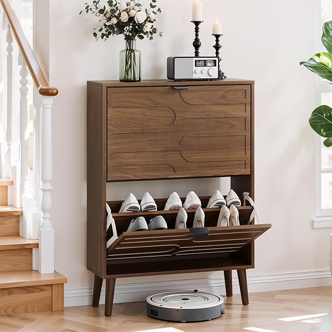 Vibe & Dine Shoe Cabinet with 2 Flip Drawers, Modern Shoe Storage Organizer for Entryway Slim, Freestanding Wood Shoe Rack Cabinet for Hallway, Bedroom, Living Room, Walnut