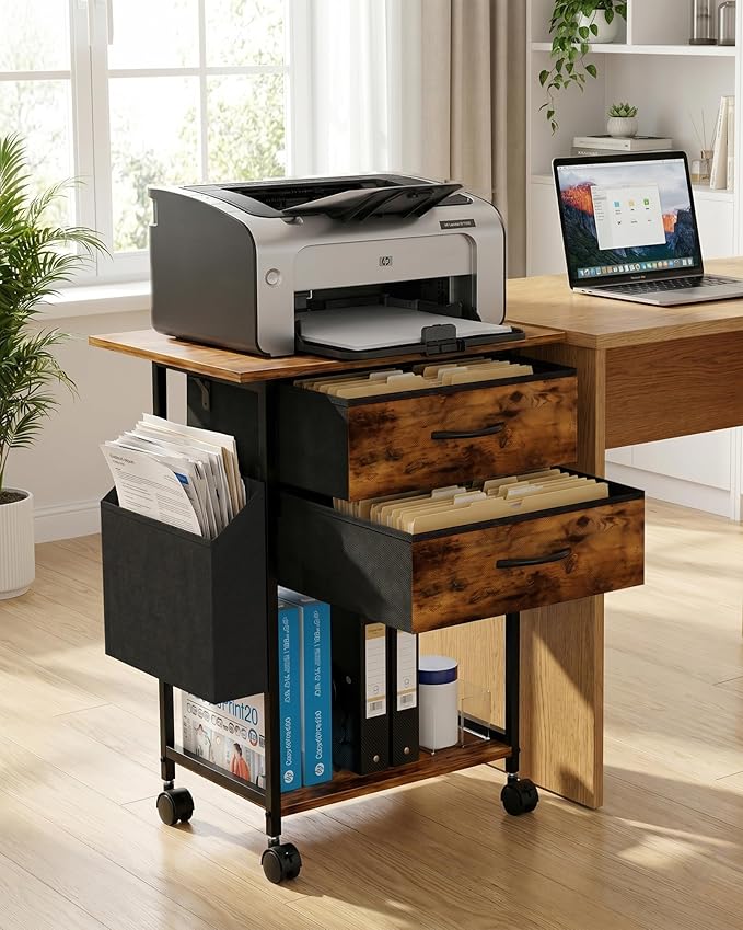 Faesun Printer Stand with Storage, 22'' Printer Cabinet with 2 Fabric Drawers, Rolling File Cabinet for Home Office, Printer Table with File Storage, Side Pocket & Dividers, Rustic Brown