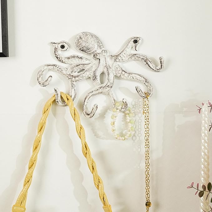 Sungmor Cast Iron Key Holder for Wall, Decorative Octopus Hanger with 6 Hooks, Vintage White Wall Hooks for Towel, Bathrobe, Necklaces, Purse, Dog Leashes, Bathroom Nautical Decor