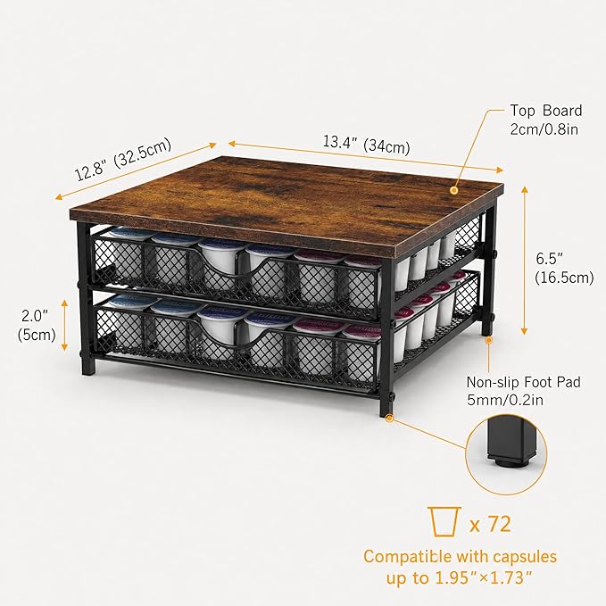 Coffee Pod Organizer 2 Tier Coffee Pod Drawer Holder 72 Capacity K Cup Coffee Capsule Storage Rack for Countertop Metal Coffee Pod Storage with Sliding Baskets for Home Office Coffee Station