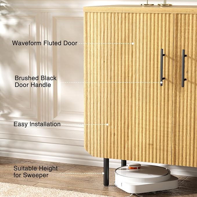 Sideboard Buffet Set of 2, Storage Cabinet with 2 Doors, Adjustable Shelf, Fluted Accent Cabinet for Living Room, Modern,Natural