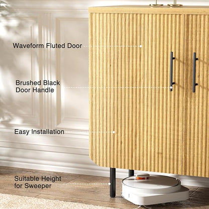 Sideboard Buffet Set of 2, Storage Cabinet with 2 Doors, Adjustable Shelf, Fluted Accent Cabinet for Living Room, Modern,Natural