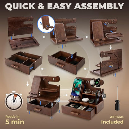 TESLYAR Wood Phone Docking Station with Drawer - Nightstand Organizer - Desk Organizer for Husband - Birthday Gifts for Men, Dad, Anniversary Idea, Key Holder Stand Watch & Accessories (Bourbon Brown)