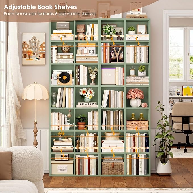 FOTOSOK 71'' Tall Bookshelf Set of 2, 7 Tier Large Bookshelf with Adjustable Shelves, Wide Bookcases and Bookshelf, DVD/CD Media Tower Storage, Cube Book Shelf Display Storage Cabinet, Green