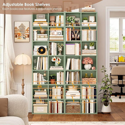 FOTOSOK 71'' Tall Bookshelf Set of 2, 7 Tier Large Bookshelf with Adjustable Shelves, Wide Bookcases and Bookshelf, DVD/CD Media Tower Storage, Cube Book Shelf Display Storage Cabinet, Green