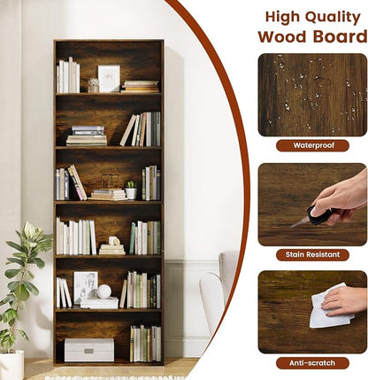 GRUSIGN 71" Tall 6-Tier Bookshelf, Large Open Display Bookcase with Ample Storage, Floor Standing Book Shelf for Living Room, Home Office, Bed Room, Brown
