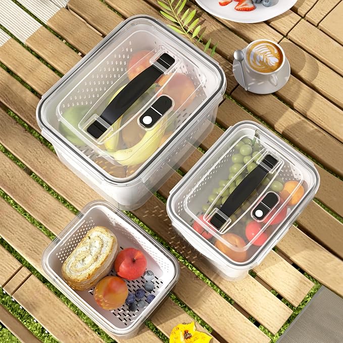 Fruit Storage Containers for Fridge with vent holes and handle，Airtight Food Storage Containers Keep Fruits, Vegetables, Berry, Meat Fresh longer,BPA-free Fridge Storage Container with Lid (3 Pack)