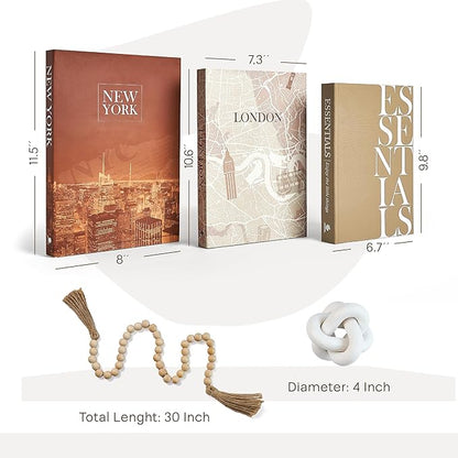 JULZEN Linen Decorative Books for Home Decor - Aesthetic Set of 3 Beige Fake Books for Coffee Table Decor with Faux Book Box Storage, Wood Knot & Bead Garland - Neutral Living Room Decoration