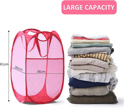 TECHMILLY Collapsible Mesh Pop Up Laundry Hamper with Sturdy Handles and Side Pocket - Portable Foldable Clothes Baskets for Dorm, Bathroom & Travel Storage (Pink, 2 Packs)