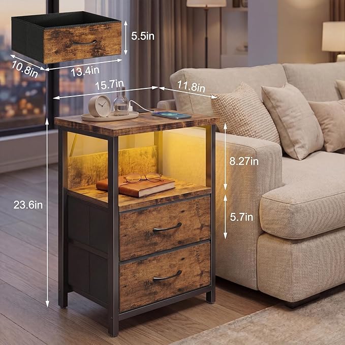 Fixwal Night Stand with Charging Station, LED Nightstand with U-S-B Ports and Outlets, 2 Fabric Storage Drawers with PU Finish, Bedside Table, Rustic Brown