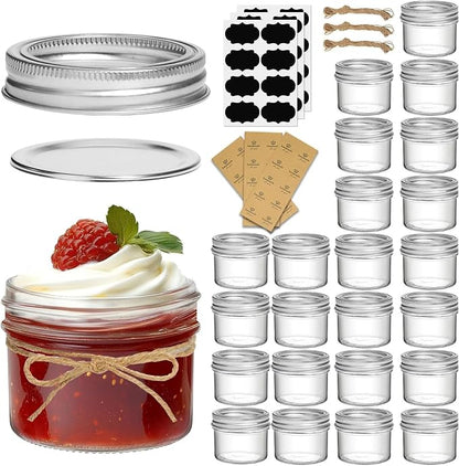 ComSaf Small Regular Mouth Mason Jars Bulk 4oz 24PCS Mini Mason Containers, Small Canning Jars, 4 oz Glass Jar with Lids for Mustards, Dipping Sauces, Jelly, DIY Candle Decor, Wedding Shower Favors