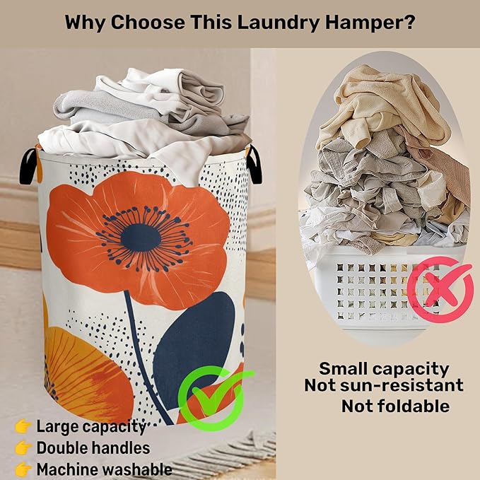 Modern Minimalist Red Flowers Foldable Canvas Laundry Basket with Handles - Storage Organizer, Heavy Duty for Home，Bedroom, Dorm, Bathroom