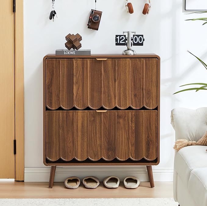 ORRD Shoe Storage Cabinet for Entryway with 2 Flip Drawers Set of 2, Freestanding Narrow Wood Shoe Cabinet with Wave Panel, Hidden Shoe Organizer for Foyer, Hallway (Walnut)