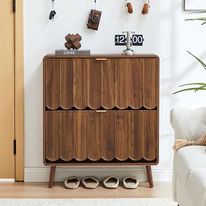 ORRD Shoe Storage Cabinet for Entryway with 2 Flip Drawers Set of 2, Freestanding Narrow Wood Shoe Cabinet with Wave Panel, Hidden Shoe Organizer for Foyer, Hallway (Walnut)