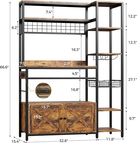 IRONCK Bakers Rack with Power Outlet, 47.24 Inch Coffee Bar Cabinet, Kitchen Microwave Stand with Storage, Kitchen Shelf with Shelves, LED Light, Globlet Holder and Wine Basket, Vintage Brown