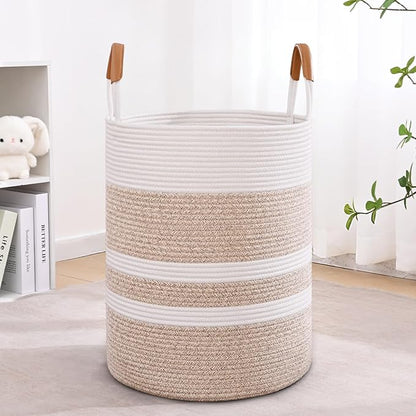 60L Striped Laundry Basket, Brown Laundry Hamper with Leather Handles, Woven Cotton Rope Storage Bin for Blankets, Nursery Hamper for Clothes, Toys In Bathroom, Livingroom, Bedroom