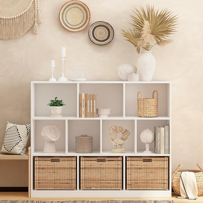 Wooden 10 Cube Book Shelf with Base,3 Tier Freestanding Horizontal Bookshelf, Open Bookcase Cube Shelf Storage Organizer for Bedroom, Living Room, Office, Study Room, White