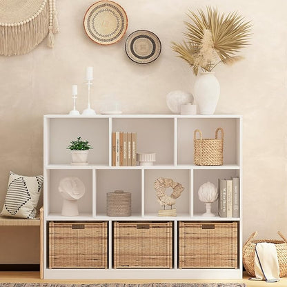 Wooden 10 Cube Book Shelf with Base,3 Tier Freestanding Horizontal Bookshelf, Open Bookcase Cube Shelf Storage Organizer for Bedroom, Living Room, Office, Study Room, White