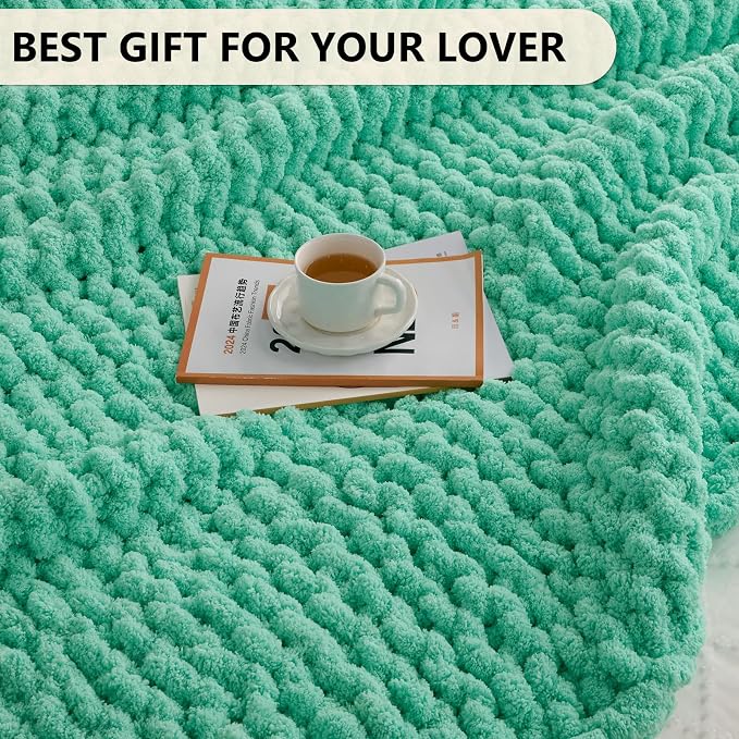 L'AGRATY Chunky Knit Blanket Throw: 50''x60'' Chenille Chunky Knitted Throw Blankets for Bed Couch - Handmade Thick Big Cable Knit Blanket - Large Crochet Rope Blankets for Home Decor(Aqua)