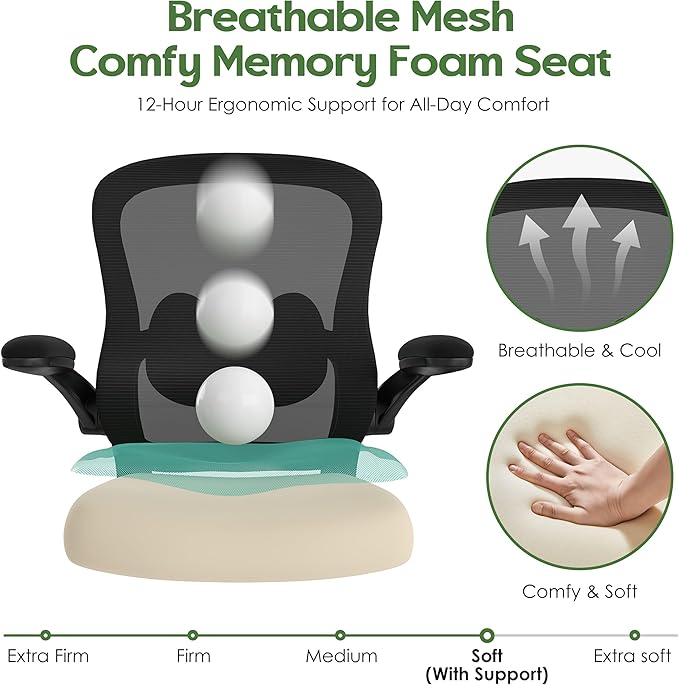 Office Chair Ergonomic Desk Chair - Mesh Comfy Home Desk Office Chairs with Wheels Adjustable Lumbar Support Flip up Armrest Executive Rolling Swivel Teacher Task Computer Chair Black