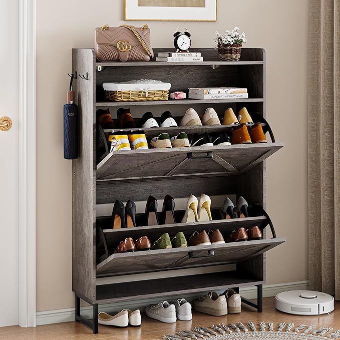 Shoe Cabinet with 2 Flip Drawers, 45" Freestanding Narrow Wood Shoe Storage Cabinet with Metal Legs and Hooks, Slim Shoe Rack Organizer for Entryway, Hallway, Grey